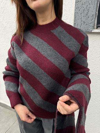 Bordo Antrasit Verev Çizgili Şallı Triko Kazak