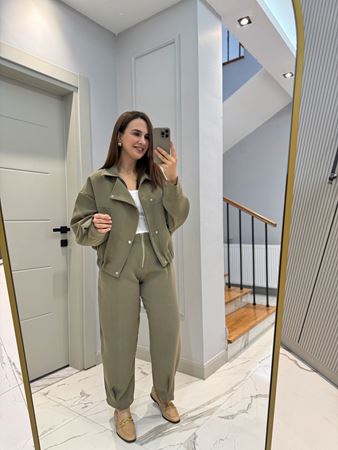 Haki Çıt Çıt Düğmeli Fermuarlı Bomber Ceket Pantolon Takım