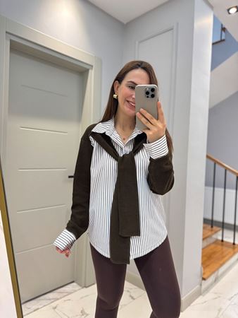 Kahverengi Çizgili Bağlamalı Garnili Gömlek