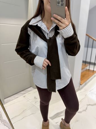 Kahverengi Çizgili Bağlamalı Garnili Gömlek