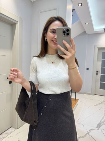 Ekru Simli Yarım Kol Triko