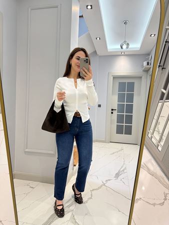 ZR Koyu Mavi Kesik Paça Boyfit Jean