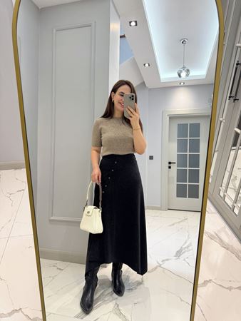 Antrasit Düğme Detaylı Asimetrik Etek