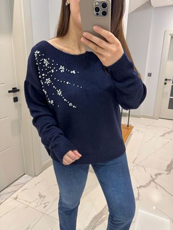 Lacivert Kayık Yaka Taşlı Kazak