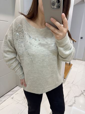 Taş Rengi Kayık Yaka Taşlı Kazak