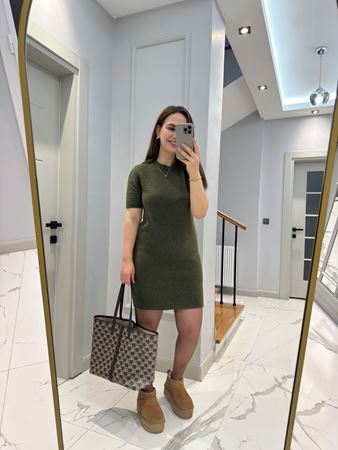 Haki Bisiklet Yaka Yumoş Doku Elbise