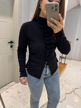 Siyah Kendinden Büzgülü Triko Hırka