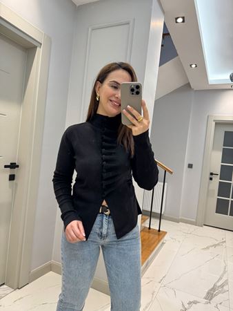 Siyah Kendinden Büzgülü Triko Hırka
