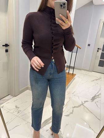 Acı Kahve Kendinden Büzgülü Triko Hırka