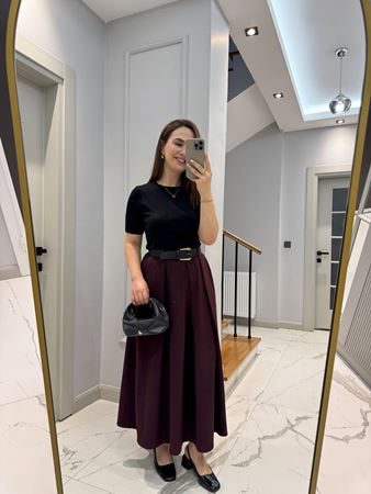 Bordo Kendinden Kemerli Maxi Boy Etek