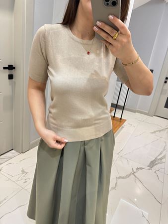 Bej Bisiklet Yaka Basic Triko