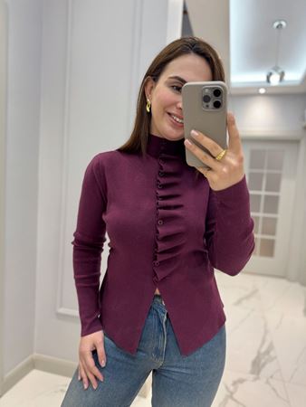Mürdüm Kendinden Büzgülü Triko Hırka