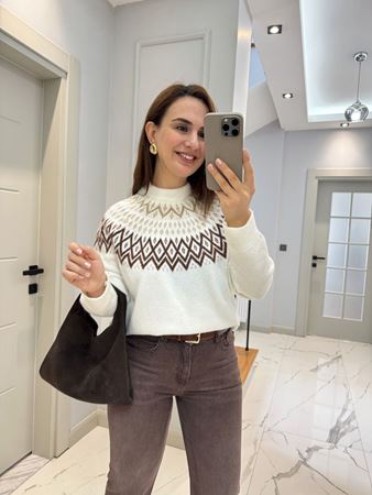 Ekru Kahverengi Desenli Triko