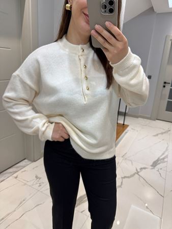 Ekru Gold Top Düğmeli Triko Kazak