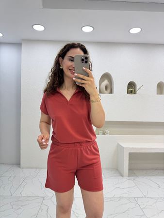 Kiremit Rengi Tişört Şort Petekli Modal Takım