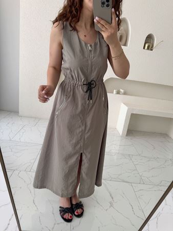 Haki Silver Fermuar Detaylı Kolsuz Elbise