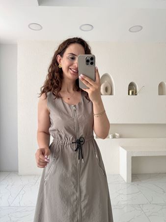 Haki Silver Fermuar Detaylı Kolsuz Elbise