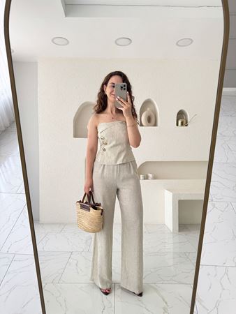 Naturel Beli Lastikli Keten Rahat Pantolon