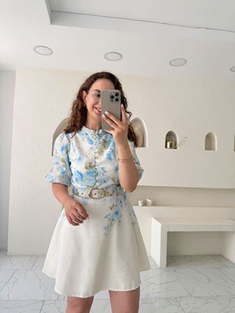 Mavi Çiçek Desenli Kemerli Mini Elbise