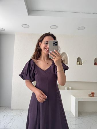 Mürdüm Balon Kol V Yaka Maxi Elbise