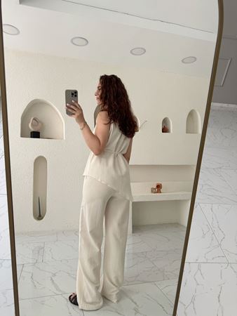 Naturel Bağlamalı Asimetrik Keten Bluz Pantolon Takım
