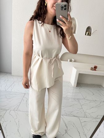 Naturel Bağlamalı Asimetrik Keten Bluz Pantolon Takım