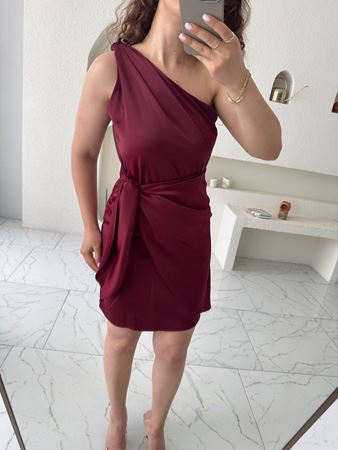 Bordo İpek Saten Tek Omuz Anvelop Kısa Elbise