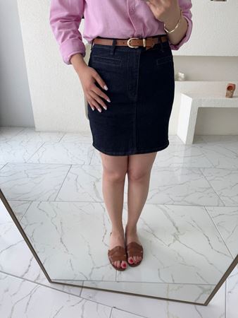 Lacivert Kemerli Kısa Denim Etek