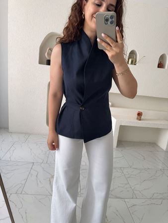 Lacivert Düğme Detaylı Keten Yelek