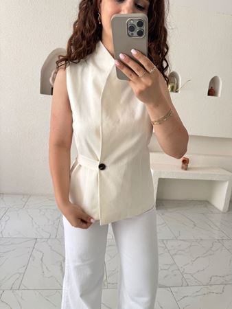 Ekru Düğme Detaylı Keten Yelek