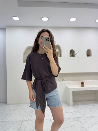 Kahverengi Orijinal Marka Bağlamalı T-Shirt