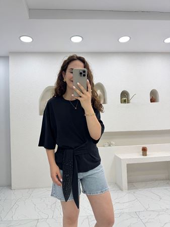 Siyah Orijinal Marka Bağlamalı T-Shirt
