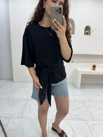 Siyah Orijinal Marka Bağlamalı T-Shirt