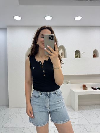 Siyah Marka Model Fitilli U Yaka Atlet