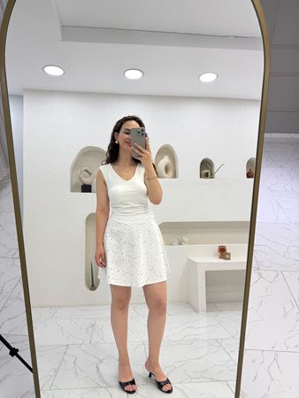 Beyaz Silver Taş Detaylı Mini Etek