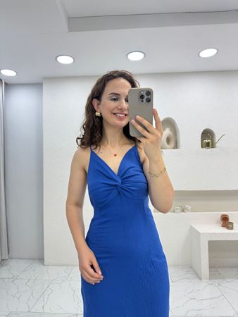 Saks Mavisi Önü Düğüm Detaylı İp Askılı Maxi Elbise