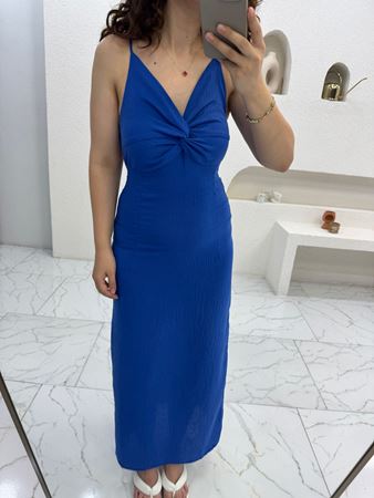 Saks Mavisi Önü Düğüm Detaylı İp Askılı Maxi Elbise