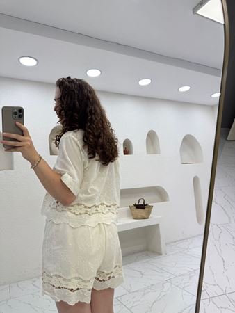 Natural Ajurlu Nakışlı Şort Gömlek Takım