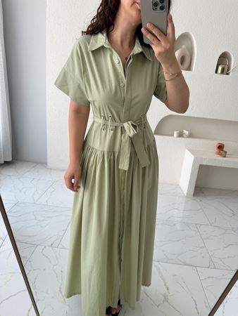 Yeşil Kuş Gözü Detaylı Maxi Elbise