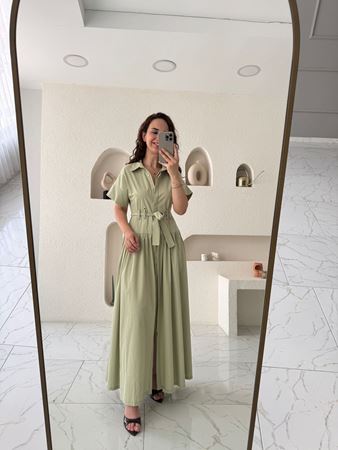 Yeşil Kuş Gözü Detaylı Maxi Elbise