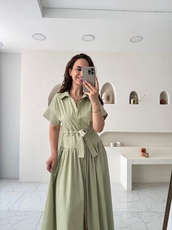 Yeşil Kuş Gözü Detaylı Maxi Elbise