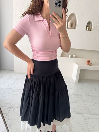 Pembe Polo Yaka Yanları Büzgülü Bluz