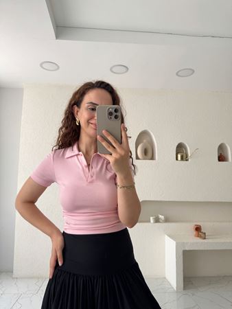 Pembe Polo Yaka Yanları Büzgülü Bluz
