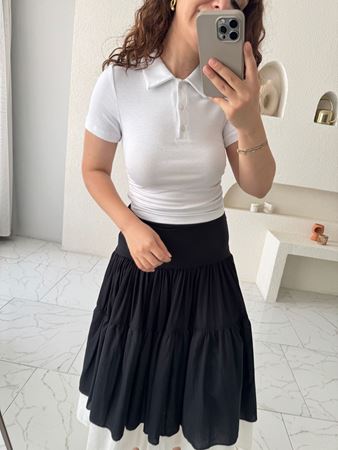 Beyaz Polo Yaka Yanları Büzgülü Bluz