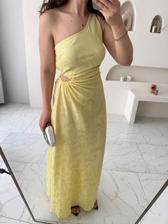 Sarı Tek Omuz Pencere Detay Maxi Elbise