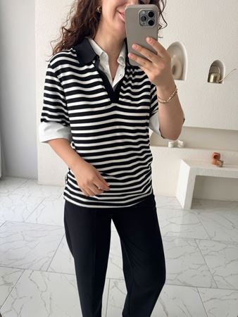 Siyah Çizgili Gömlek Detay Bluz