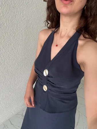 Lacivert Halter Yaka Taş Düğme Detaylı Etekli Takım