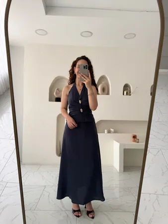 Lacivert Halter Yaka Taş Düğme Detaylı Etekli Takım