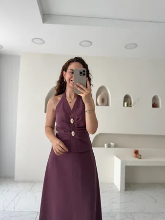 Mürdüm Halter Yaka Taş Düğme Detaylı Etekli Takım