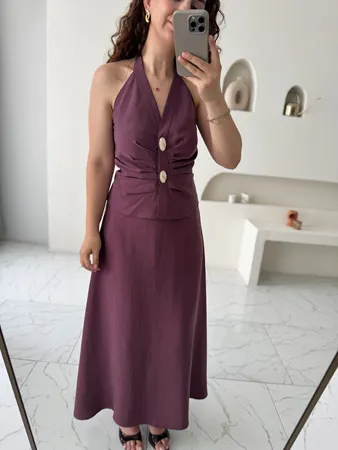 Mürdüm Halter Yaka Taş Düğme Detaylı Etekli Takım